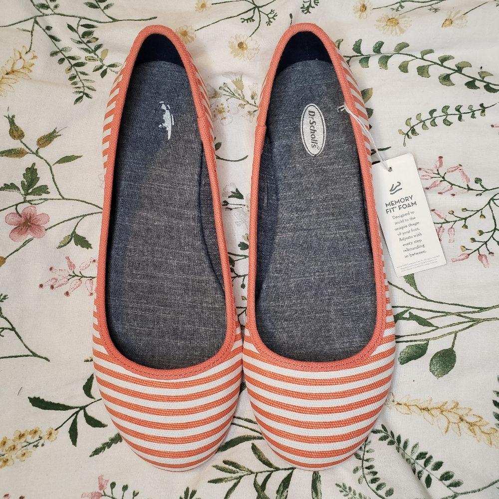 NIB Dr Scholl's Shoes Friendly Flat Coral & White Stripe, Size 9